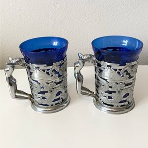 VINTAGE Japanese Dragon and Mt. Fuji Silver Tone Mug Holder with Cobalt Blue